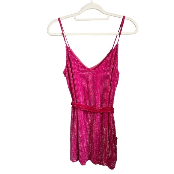 NWT Retrofête Claire Beaded Sequin Hot Pink Barbiecore Tie Waist Mini Slip Dress - Picture 12 of 12